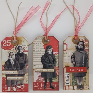 3 handgefertigte Geschenkanhänger für Weihnachten, Anhänger 3D für Geschenke oder Geschenktüten, Tags im Vintage Stil