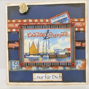 Geburtstagskarte für den Mann Vintage Stil, maritime Glückwunschkarte zum Jubiläum handgemacht, 15,5x15,5cm Klappkarte Segelschiff, Karte 3D