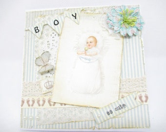 Félicitations carte de naissance vintage, félicitations carte de naissance shabby chic, garçon de naissance de carte de félicitations, carte de naissance 3D, carte faite à la main