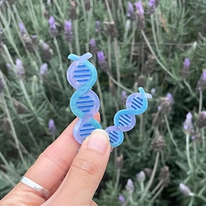 Puede incluir: Un par de pequeñas pinzas para el cabello con forma de hélice de ADN en degradado azul y morado. Cada pinza presenta una estructura de doble hebra con peldaños horizontales, un acabado liso y brillante y un diseño superior curvado.