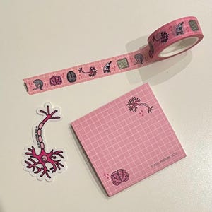 May include: A pink stationery set featuring a roll of washi tape, a sticky note pad, and a sticker. The tape and pad have a grid pattern and illustrations of neurons, brains, and other science-related images. The sticker features a neuron illustration.
