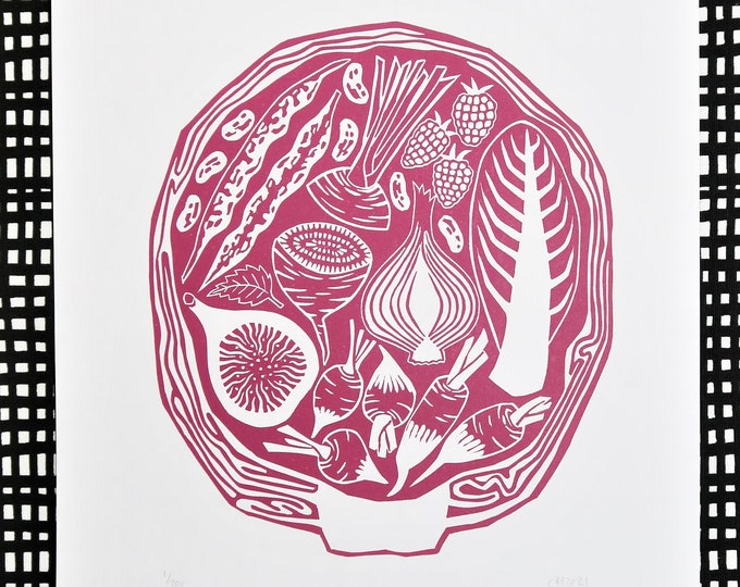 Eat your Pinks- Linocut Vegetable Print -Kitchen Art -Gardening Gift -Pink Kitchen Decor