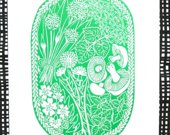 Spring Foraging Basket Linocut Print: Botanical Kitchen Art (A3)