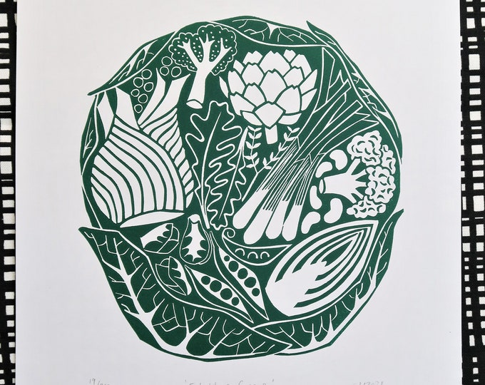 Eat Your Greens -Vegetable Linocut Print -Vegetable Wall Art -Kitchen Wall Art- Kitchen Decor- Grow Your Own -Vegan Gift -Allotment gift