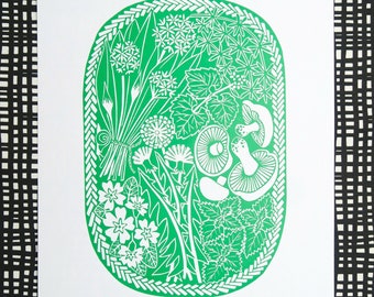 Spring Foraging Basket Linocut Print - Gift for Forager -Nature Gift -Foraging Art