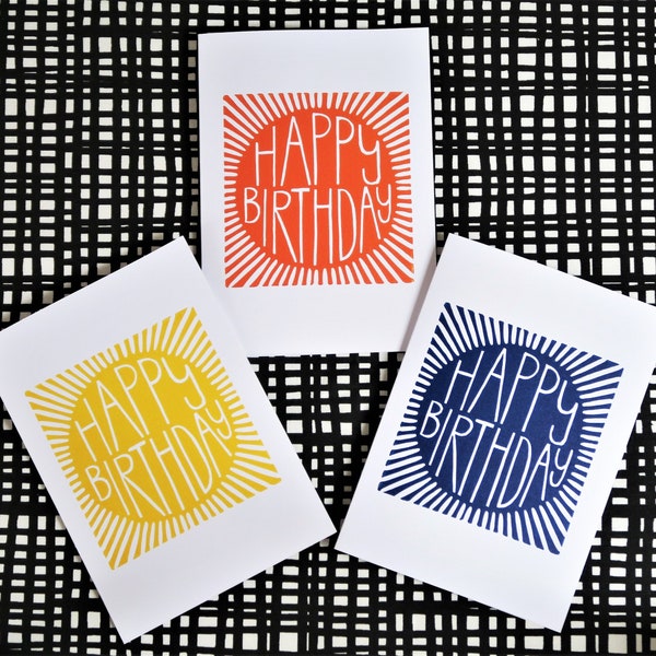 Happy Birthday Cards -Pack of Three -Colourful -Simple -Retro -Handprinted Cards -Birthday Card Pack