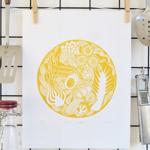 Ramen Noodle Linocut Print Yellow Kitchen Wall Art Food art Food Illustration Retro Kitchen Art Japanese Food Ramen Print image 5