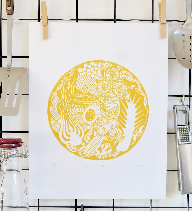 Ramen Noodle Linocut Print Yellow Kitchen Wall Art Food art Food Illustration Retro Kitchen Art Japanese Food Ramen Print image 5