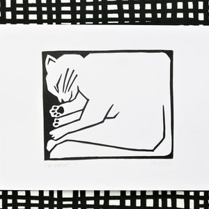 Catnaps 2 A5 Linocut Print Cute Cat Art Print If I Fits I Sits Cat In Box Cat Lover Gift image 1