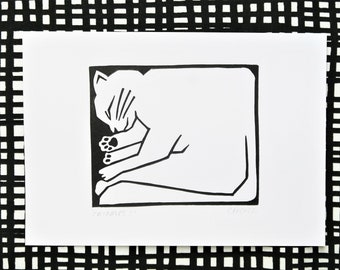 Catnaps 2 -A5 Linocut Print -Cute Cat Art Print -If I Fits I Sits -Cat In Box -Cat Lover Gift