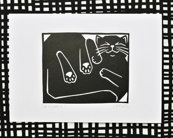 Catnaps 1 - Cat Linocut Print -A5 -Cat in a box -If I Fits I Sits -Cute Cat Art Print -Gift for Cat-Lover