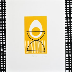 Egg Cup Linocut Print -Kitchen Art -Breakfast Art -Abstract Art Print -Yellow -Minimalist