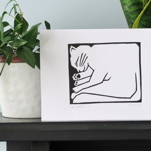 Catnaps 2 A5 Linocut Print Cute Cat Art Print If I Fits I Sits Cat In Box Cat Lover Gift image 2