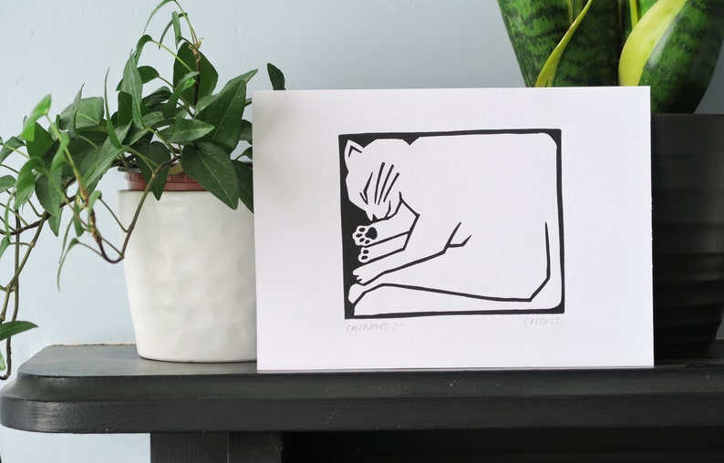 Catnaps 2 A5 Linocut Print Cute Cat Art Print If I Fits I Sits Cat In Box Cat Lover Gift image 2