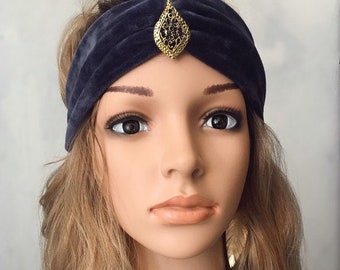Boho style headband/hairband in blue velvet
