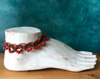 Macrame anklet with red corals