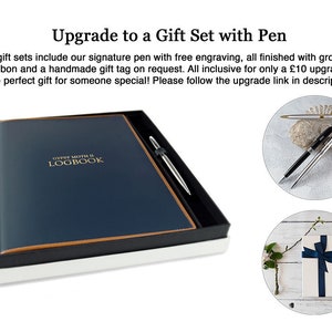 May include: A navy blue leather-bound journal with a tan leather trim and gold lettering that reads "Gypsy Moth II Logbook". The journal is in a white gift box with a silver pen. The image also shows a close-up of the pen and a gift box wrapped in white paper with a navy blue ribbon.