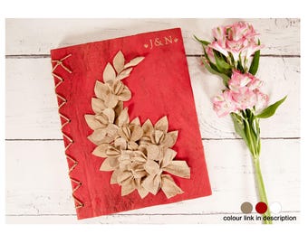 Flaura A4 Journal Personalised Vegan Leather Wedding Guest Book Origami Flower Red Bark (35x28cm) Free Initial Engraving!