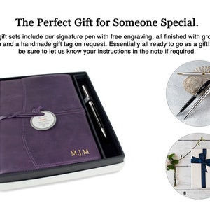 May include: A purple leather journal with a pen in a white box. The journal has a gold embossed label that says "M.J.M". The pen is silver with a black cap. The journal and pen are a gift set.