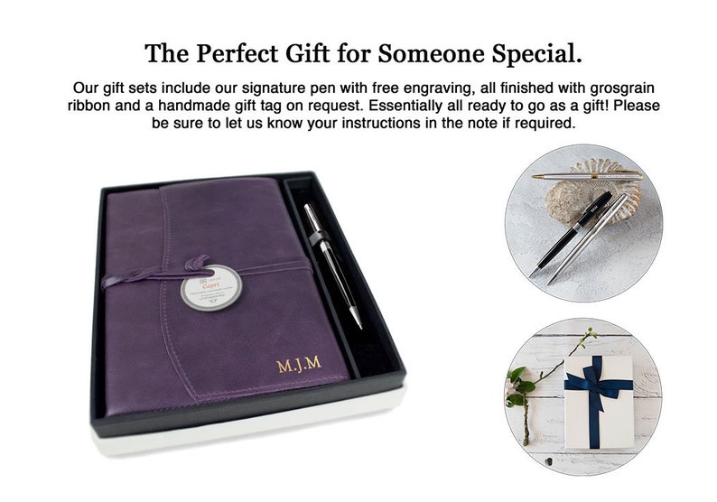 May include: A purple leather journal with a pen in a white box. The journal has a gold embossed label that says "M.J.M". The pen is silver with a black cap. The journal and pen are a gift set.