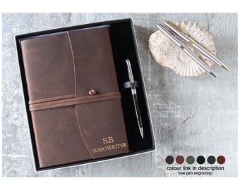 Amalfi Handmade Italian Leather Journal A5 Rustic Tan Gift Set with our Signature Pen (21cm x 15cm x 2cm) Can be Personalised!