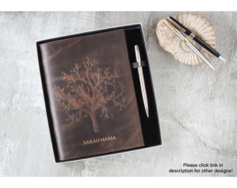 Dali Tree of Life Handmade Full-Grain Buff Leather Refillable Journal A5 Rustic Tan Gift Set (22cm x 16cm x 2cm) Can be personalised!