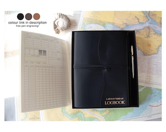 Indra A4 jachtlogboek cadeauset gepersonaliseerde handgemaakte lederen hervulbare dagboek zwart, gratis graveerpen nautische zeilers cadeau