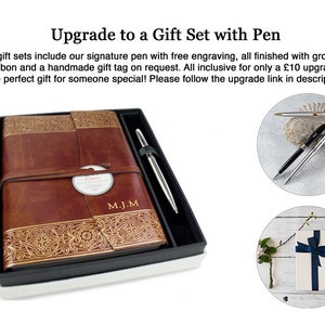 May include: A brown leather journal with gold accents and a matching pen in a gift box. The journal has a personalized inscription "M.J.M." and a grosgrain ribbon closure. The pen is silver with a black ink cartridge. The gift set includes a handmade gift tag and free engraving.