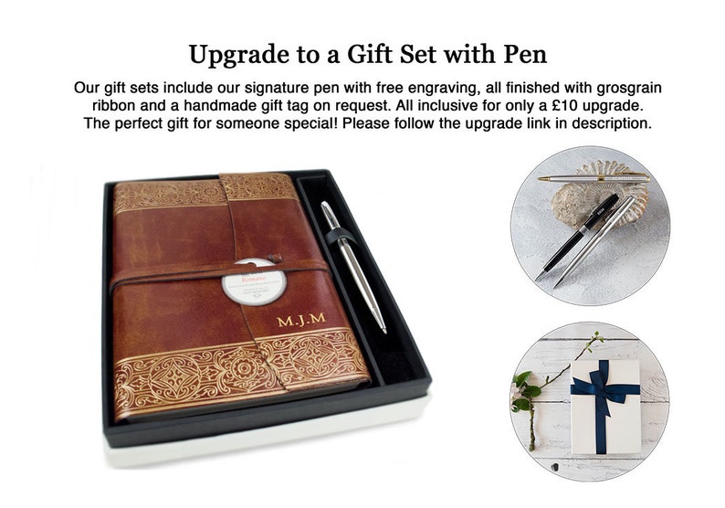 May include: A brown leather journal with gold accents and a matching pen in a gift box. The journal has a personalized inscription "M.J.M." and a grosgrain ribbon closure. The pen is silver with a black ink cartridge. The gift set includes a handmade gift tag and free engraving.