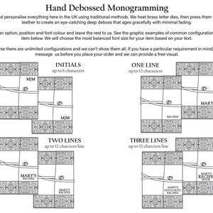 May include: A graphic showing different options for personalized debossing on leather. The options include initials, one line, two lines, and three lines. The graphic shows examples of each option with different text.