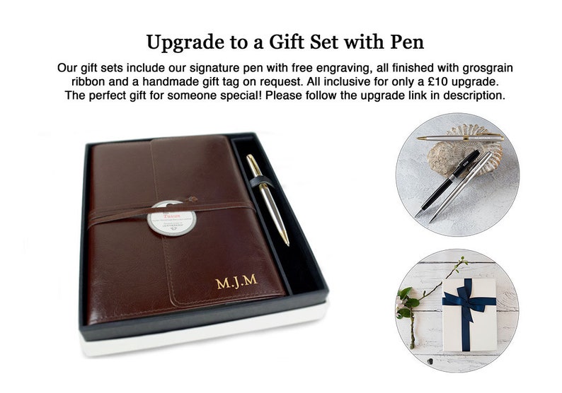 Puede incluir: Un diario de cuero marr&oacute;n con un bol&iacute;grafo en una caja de regalo. El diario tiene una cinta y una etiqueta que dice "Talisman". El bol&iacute;grafo es dorado y plateado. La caja tiene las iniciales "M.J.M" en ella.