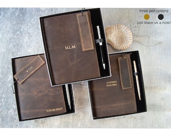 Enya Handmade Full-Grain Buff Leather Refillable Journal A5 Rustic Tan Gift Set with Pen & Bookmark (22cm x 16cm x 2cm) Can be personalised!