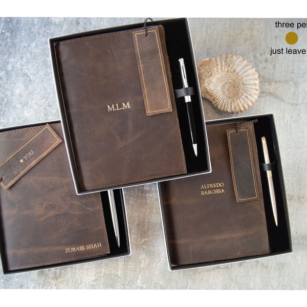 Enya Handmade Full-Grain Buff Leather Refillable Journal A5 Rustic Tan Gift Set with Pen & Bookmark (22cm x 16cm x 2cm) Can be personalised!