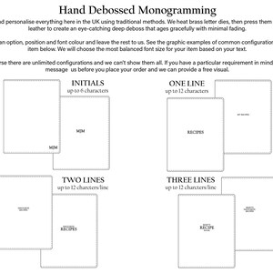 Puede incluir: Imagen que muestra opciones de monogramas grabados a mano. Incluye ejemplos de iniciales, una, dos y tres l&iacute;neas de texto. Los ejemplos de texto muestran la palabra "RECIPES" y las iniciales "MJM". El texto est&aacute; grabado en un material similar al cuero.