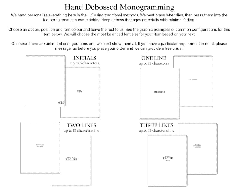 Puede incluir: Imagen que muestra opciones de monogramas grabados a mano. Incluye ejemplos de iniciales, una, dos y tres l&iacute;neas de texto. Los ejemplos de texto muestran la palabra "RECIPES" y las iniciales "MJM". El texto est&aacute; grabado en un material similar al cuero.
