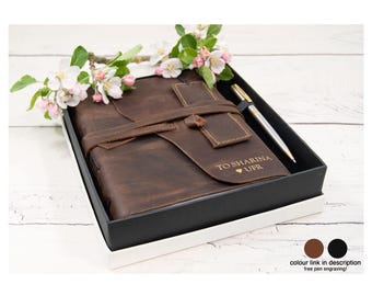 Enya A5 Journal Gift Set Personalised Handmade Full-Grain Leather Rustic Tan 400 Pages, Bookmark & Free Engraving Pen Travel Writers Gift