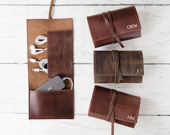 Enya Handmade Full Grain Buff Leather Travel & Tech Kit Roll (14cm x 30cm) Can be Personalised!