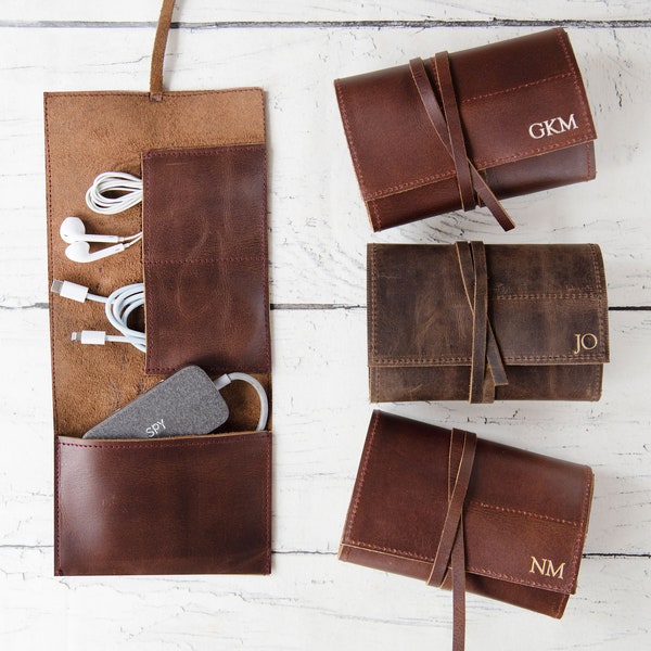 Enya Handmade Full Grain Buff Leather Travel & Tech Kit Roll (14cm x 30cm) Can be Personalised!