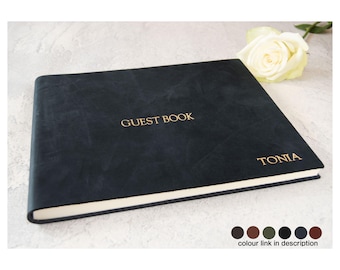 Amalfi-jazz gastenboek Gepersonaliseerde Italiaans plantaardig geelbruin leer bruiloft inlogboek Obsidiaan (22 x 28 cm) Gratis initialengravure!