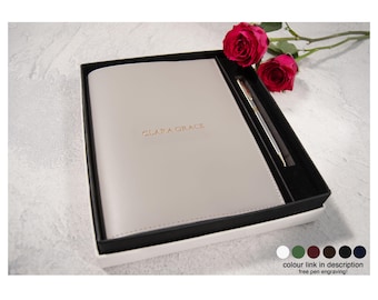 Acuto A5 hervulbare dagboek cadeauset gepersonaliseerde handgemaakte Italiaanse lederen reisnotitieboekje crème (22 x 16 cm) Gratis initiaal, gratis graveerpen!