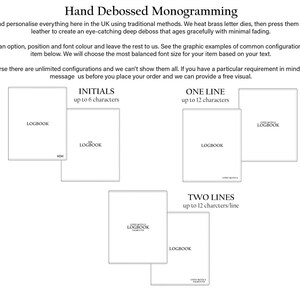 May include: A graphic showing different options for hand-debossed monogramming on leather. The options include initials, one line, and two lines. The text "LOGBOOK" is used as an example in each option.