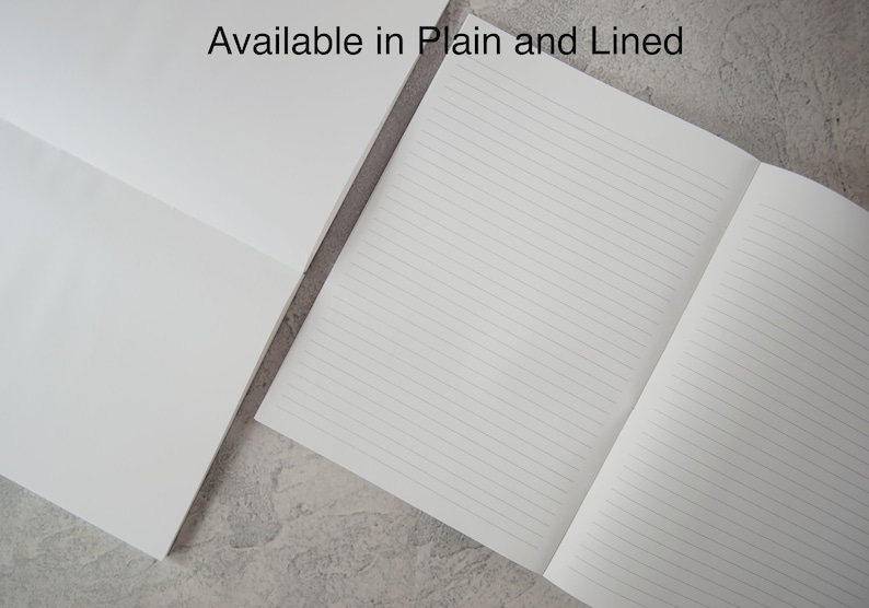 May include: Two white notebooks, one with blank pages and one with lined pages, displayed side by side. The text "Available in Plain and Lined" is printed at the top center of the image, indicating the two different paper styles offered.