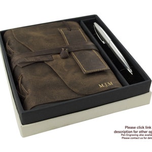 Enya Handmade Full-Grain Buff Leather Wrap Gift Set Journal A5 Rustic Tan 21cm x 15cm x 2cm Can be personalised image 2