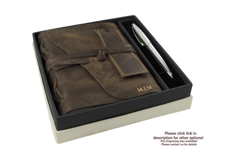 Enya Handmade Full-Grain Buff Leather Wrap Gift Set Journal A5 Rustic Tan 21cm x 15cm x 2cm Can be personalised image 2