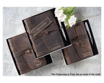 Enya Handgefertigtes Vollnarbiges Büffelleder-Journal A5 Geschenkset mit Gratis Gravurstift (21cm x 15cm) Kann personalisiert werden!