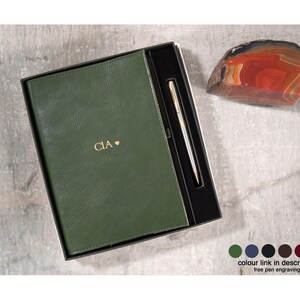 Rustico A5 Refillable Journal Gift Set Personalised Italian Full-Grain Leather Travel Notebook Olive, Free Initial & Free Engraving Pen!