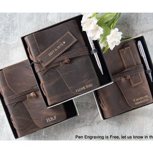 Enya A5 Journal Handmade Full-Grain Buff Leather, Rustic Tan Gift Set with Free Engraving Signature Pen (21cm x 15cm) Can be Personalised!