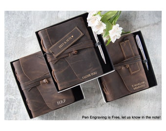 Enya A5 Journal Handmade Full-Grain Buff Leather, Rustic Tan Gift Set with Free Engraving Signature Pen (21cm x 15cm) Can be Personalised!