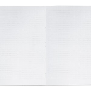 May include: An open notebook with white pages featuring a light gray dot grid pattern. The two pages are joined at the center by a visible staple binding, creating a flat surface for writing or drawing across the spread of the paper.
