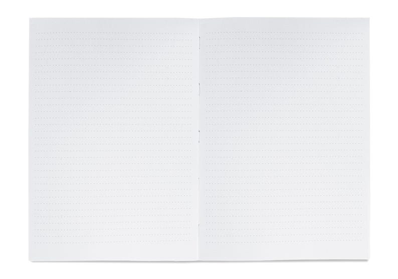 May include: An open notebook with white pages featuring a light gray dot grid pattern. The two pages are joined at the center by a visible staple binding, creating a flat surface for writing or drawing across the spread of the paper.